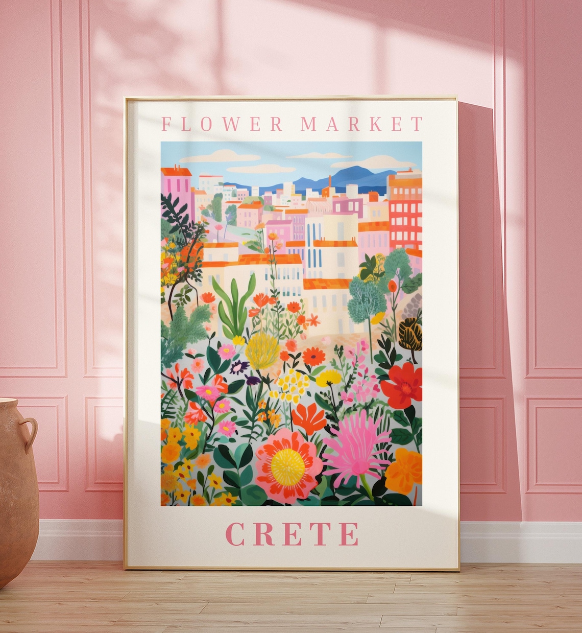 Crete Flower Market Travel Poster, Floral Illustration