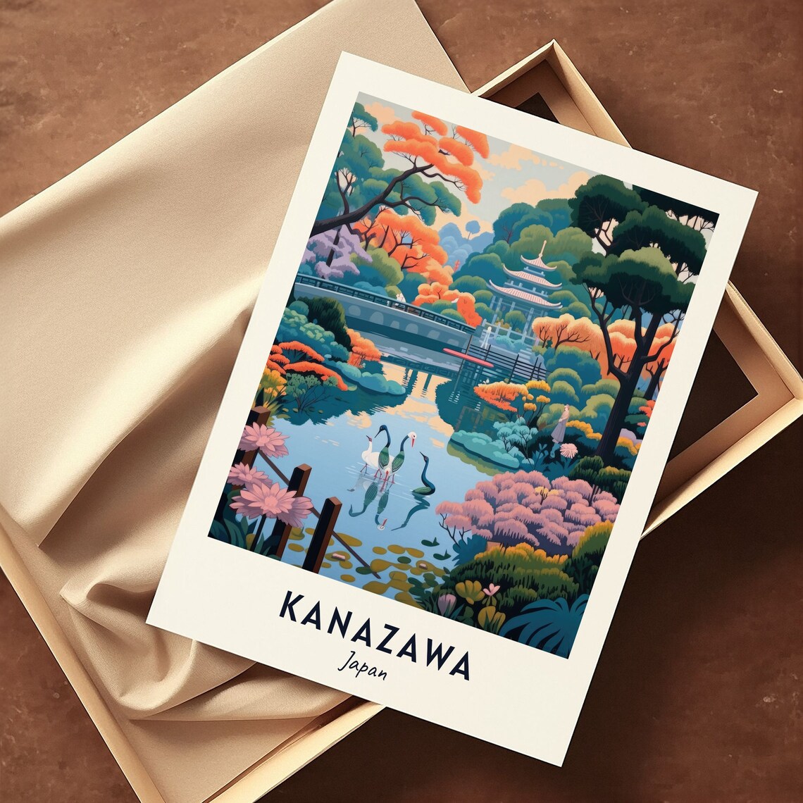 Kanazawa Japan Garden Pond Cranes Bridge Autumn Colors Travel Poster - Image 3