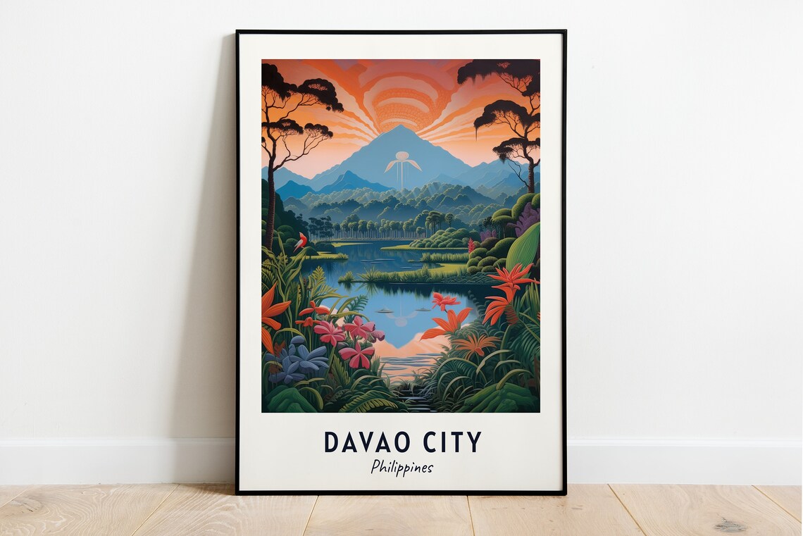 Davao City Philippines Tropical Lake Mountain Sunrise Travel Poster