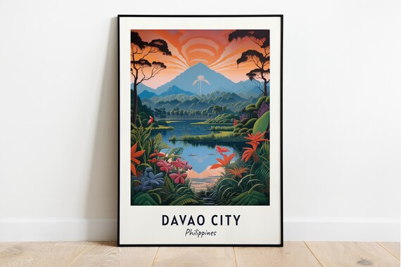 Davao City Philippines Tropical Lake Mountain Sunrise Travel Poster