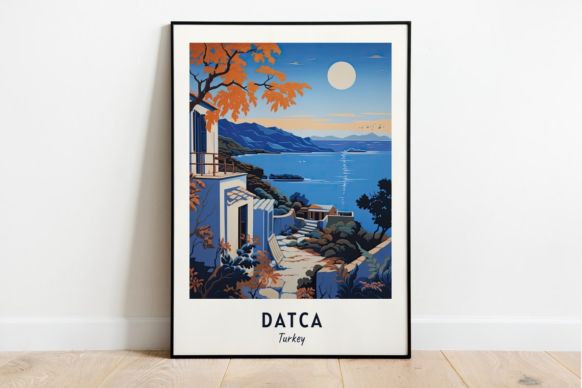 Datca Turkey Moonlit Coastline Blue Cove White Houses Travel Poster