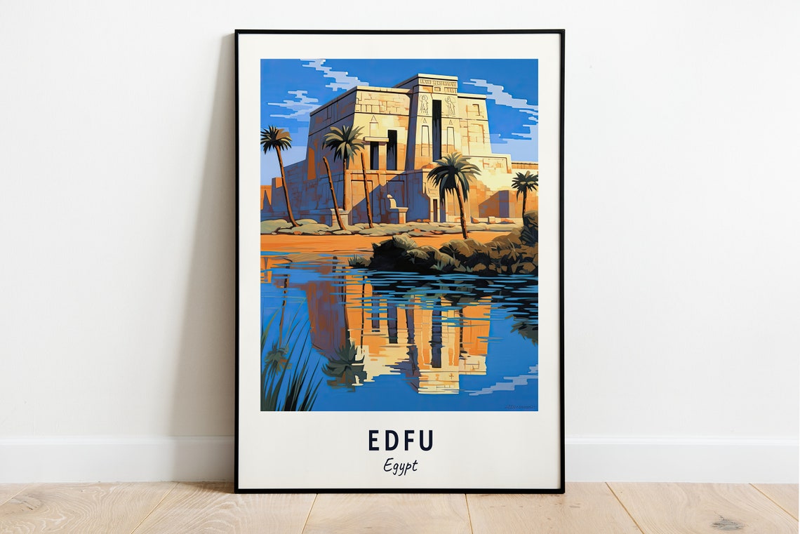 Temple of Edfu Ancient Egypt Riverside Reflection Travel Poster