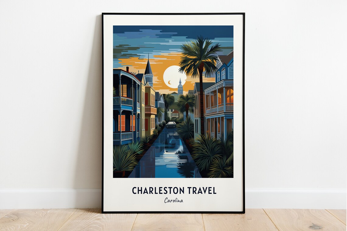 Charleston Carolina Historic Street Palm Trees Sunset Canal Travel Poster