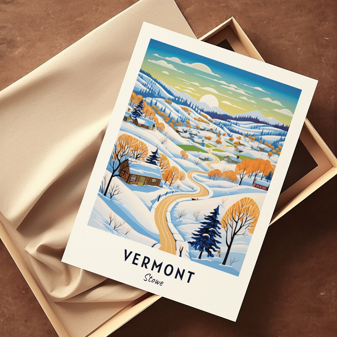 Vermont Stowe Snowy Winter Village Golden Sunrise Travel Poster - Image 3