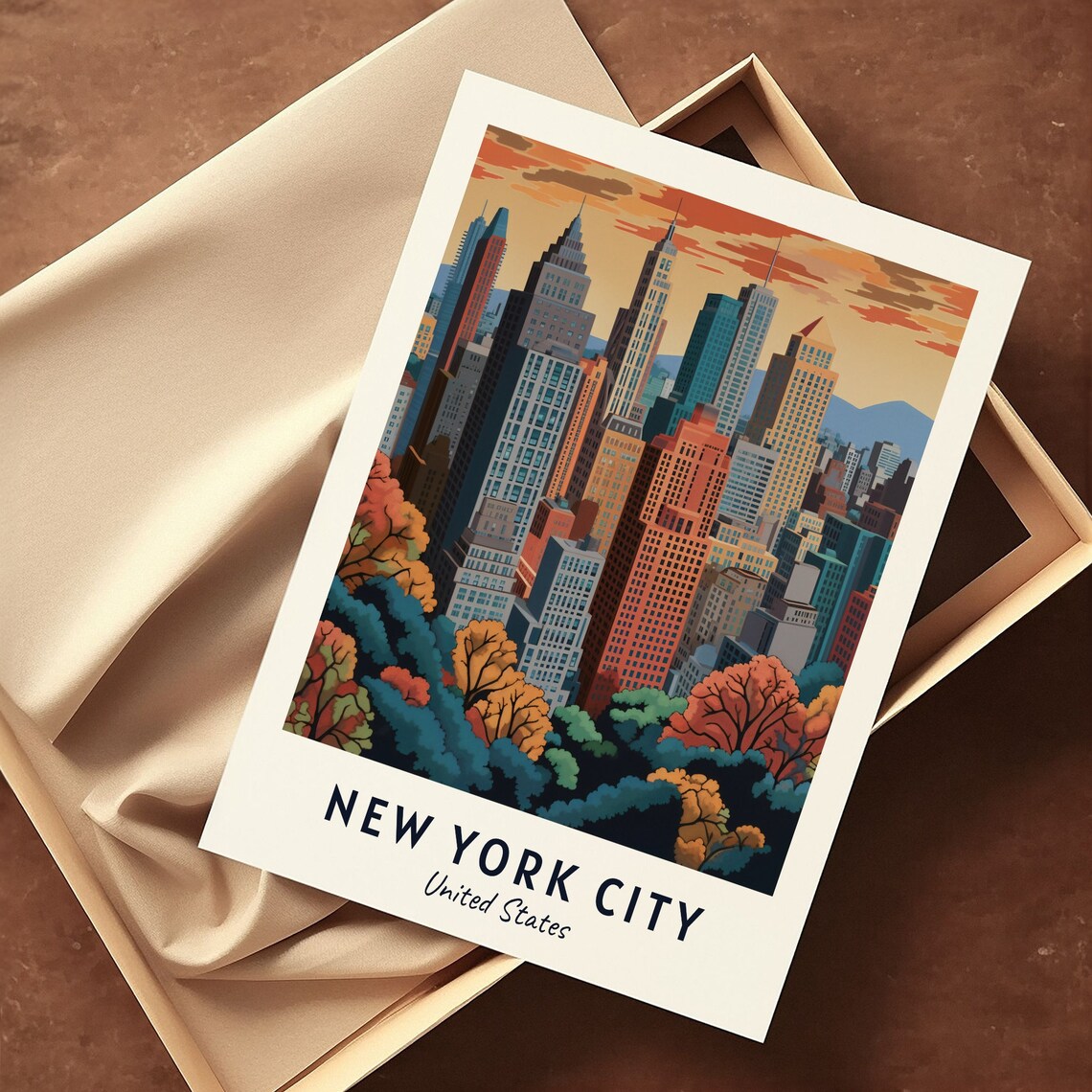 New York City Manhattan Skyline Autumn Trees City Travel Poster - Image 3