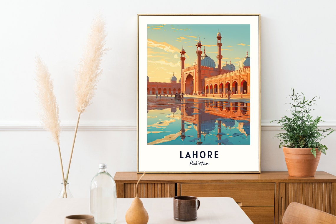 Lahore Mosque Golden Hour Reflection Over Water Pakistan Travel Poster - Image 2