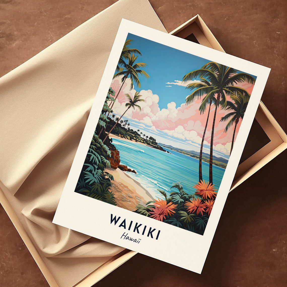 Waikiki Palm-Framed Beach Cove Turquoise Hawaii Travel Poster - Image 3