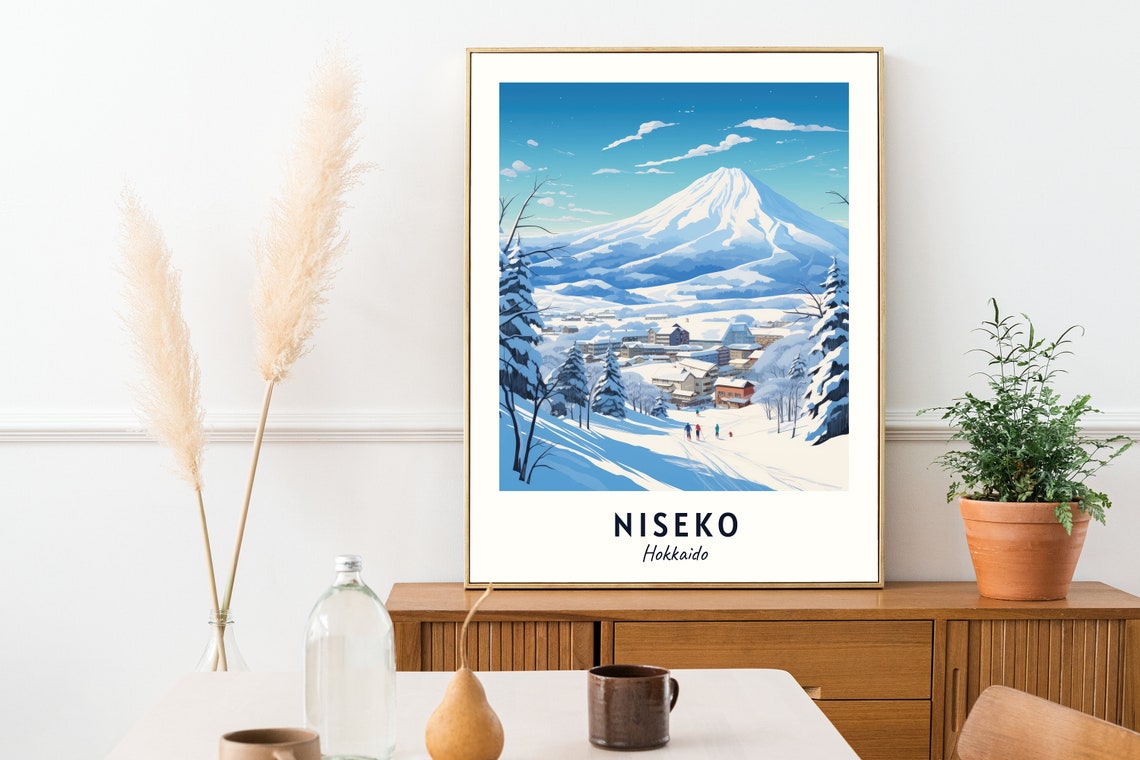 Niseko Hokkaido Volcanic Cone and Skiers on the Slope Poster - Image 2