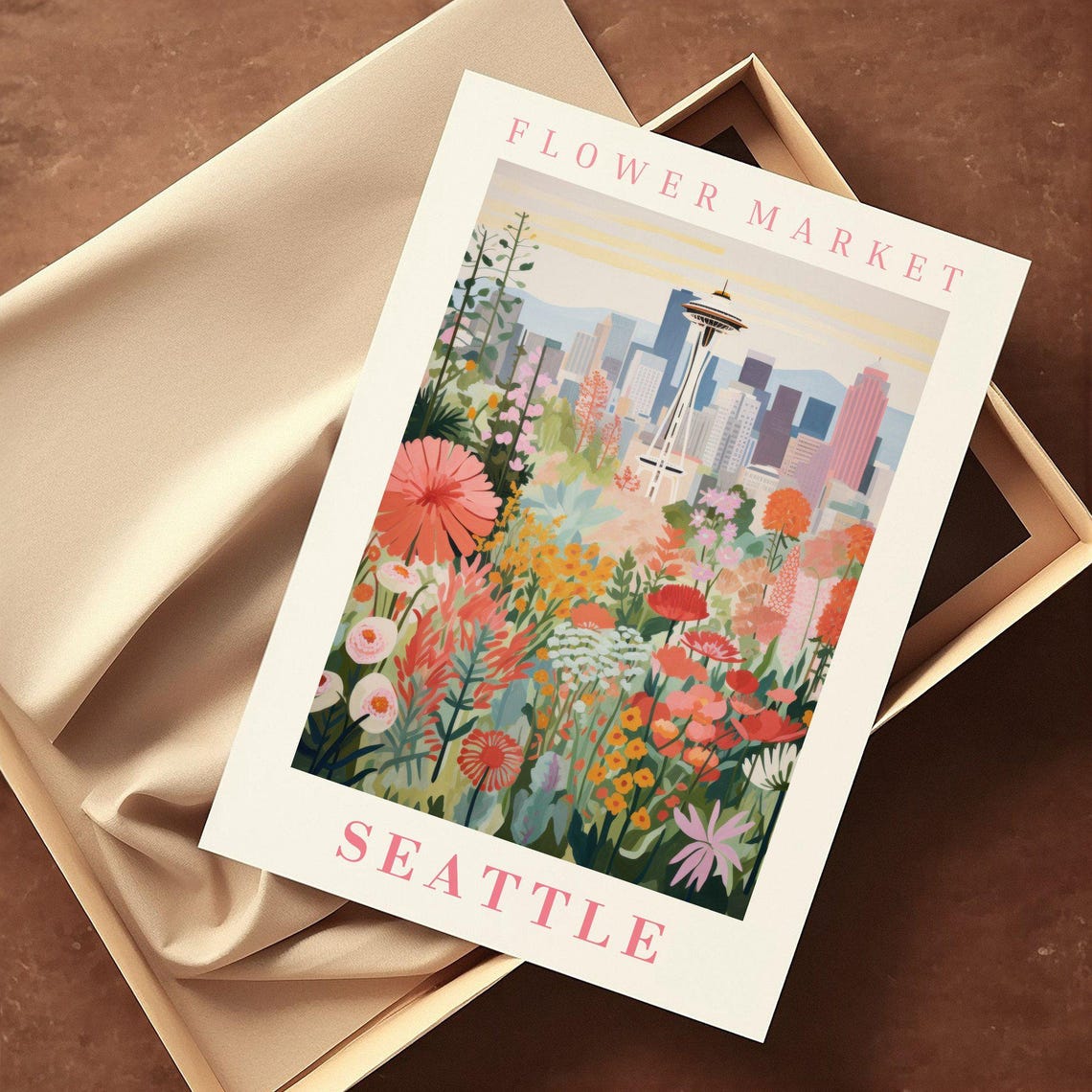 Seattle Flower Market Poster with Space Needle Sunset Flowers - Image 2