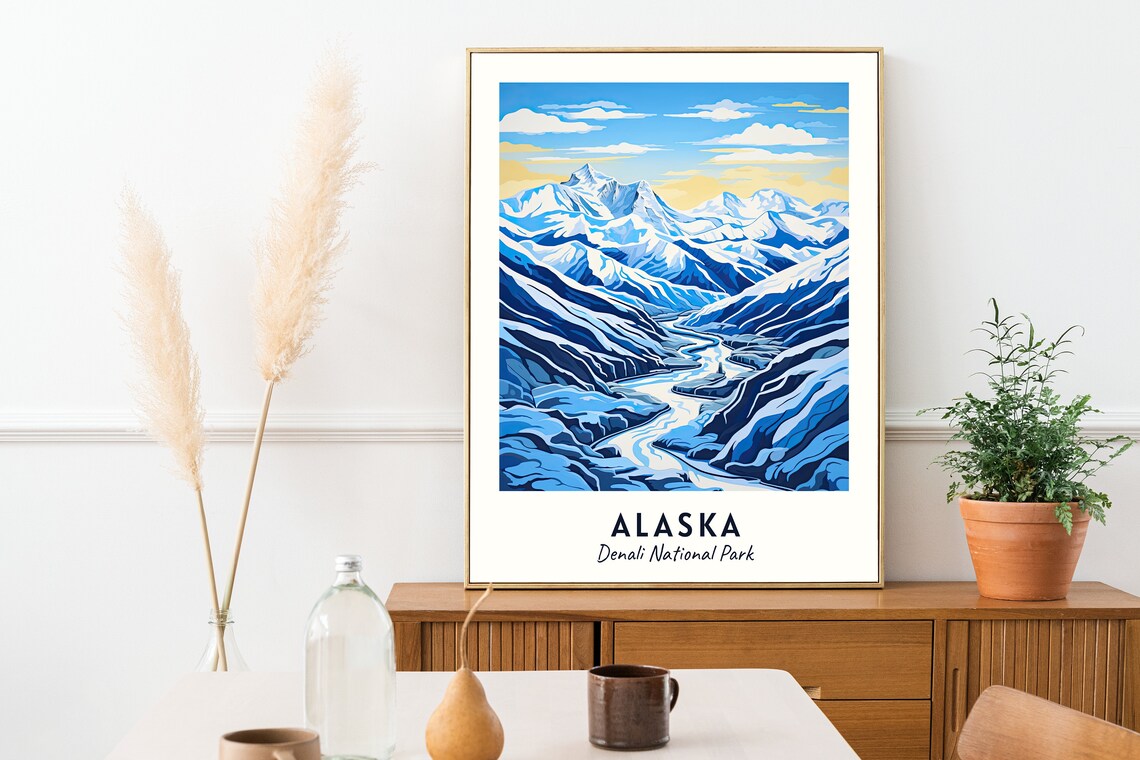 Alaska Denali National Park Snowy Peaks Glacier River Travel Poster - Image 2
