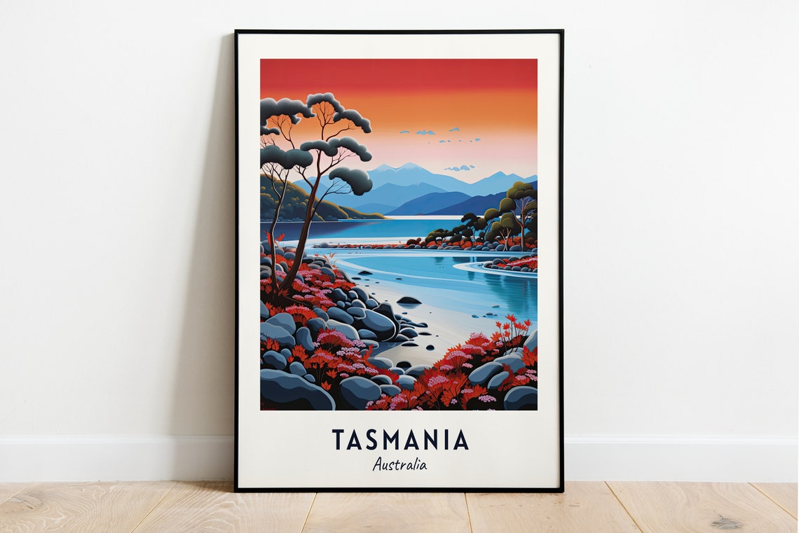 Tasmania Australia Red Foliage Shoreline Mountain Lake Travel Poster
