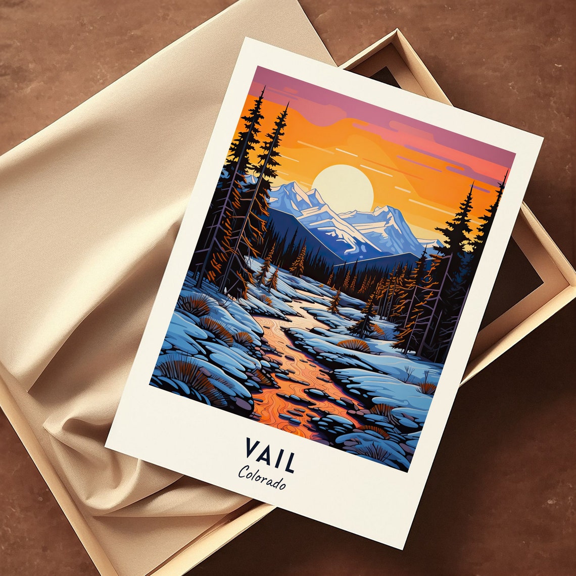 Vail Colorado Snowy Mountain Stream Sunset Winter Travel Poster - Image 3
