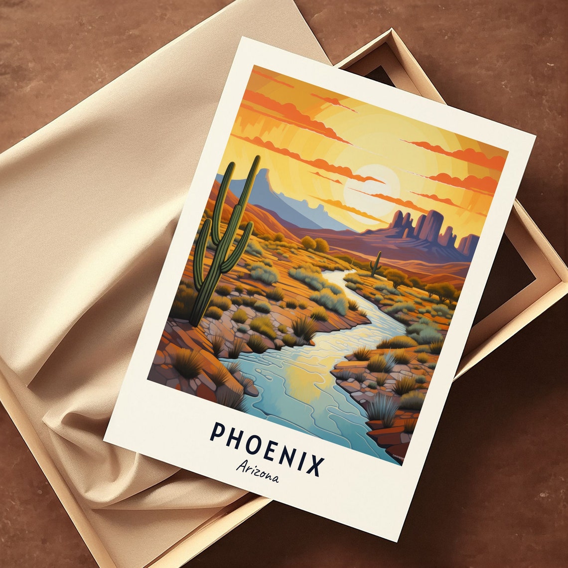 Phoenix Arizona Desert Sunset Saguaro Cactus River Travel Poster - Image 3