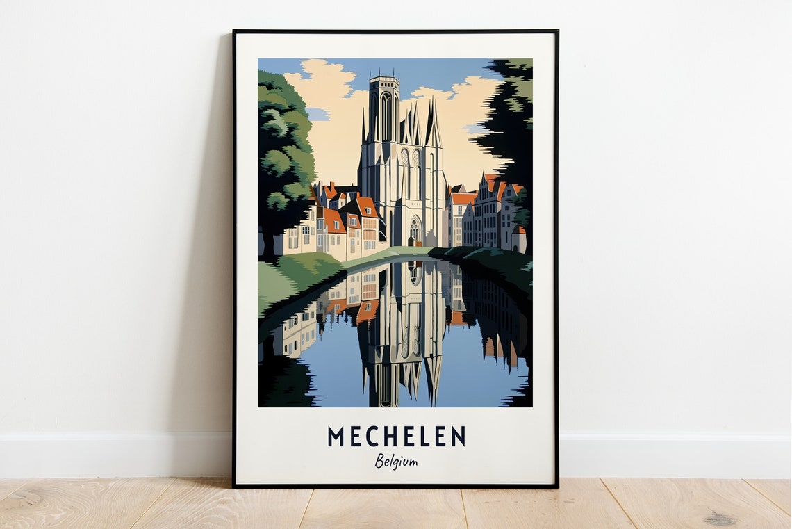 St Rumbolds Cathedral Canal Reflection Mechelen Belgium Poster