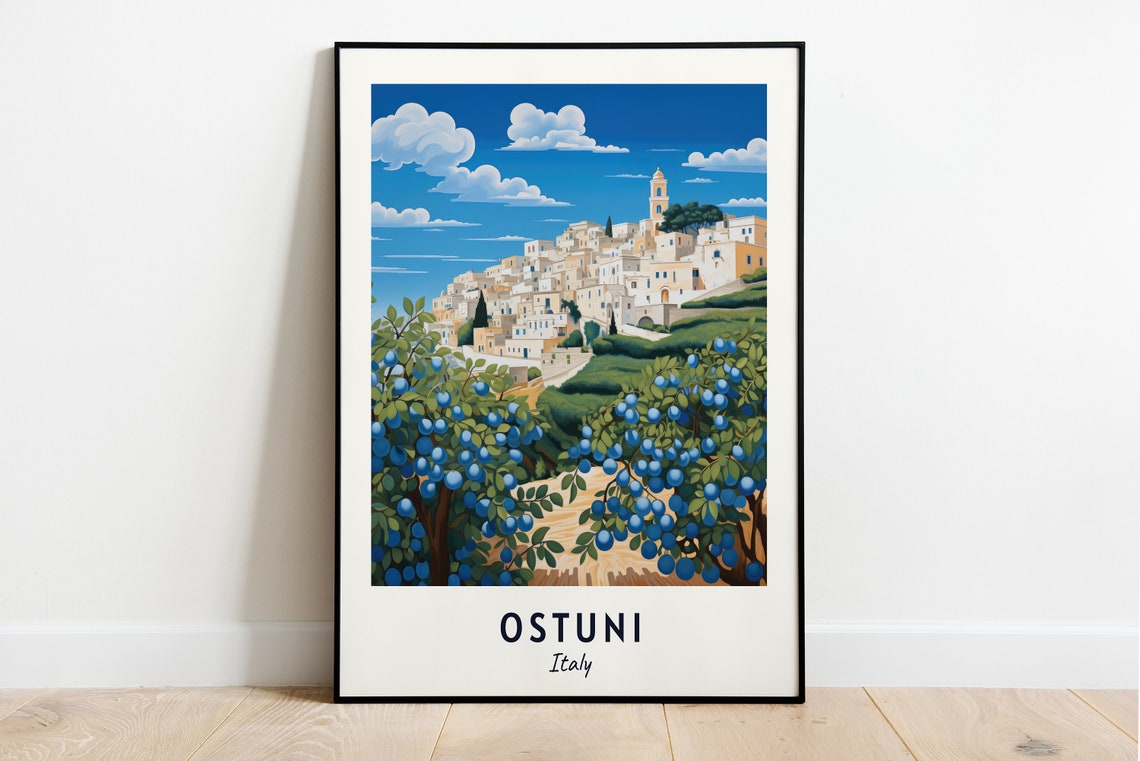 Ostuni Italy White Hilltop Town Puglia Vintage Travel Poster