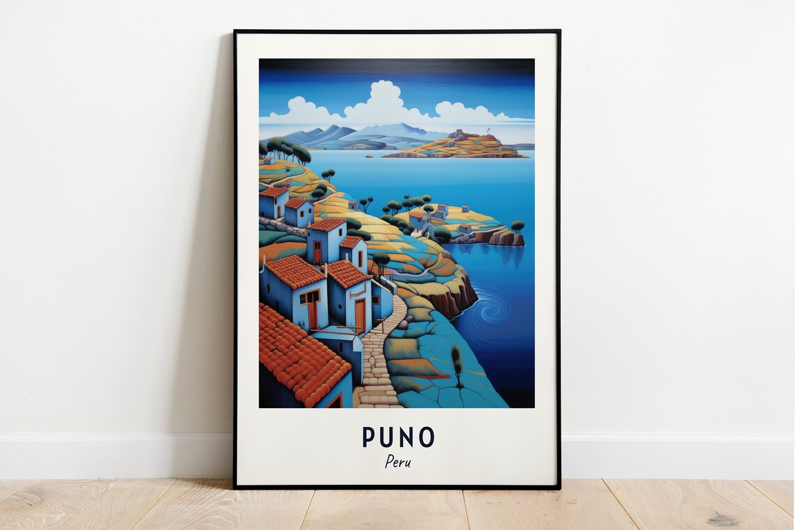 Puno Peru Lakeside Village And Hills Over The Blue Lake Travel Poster