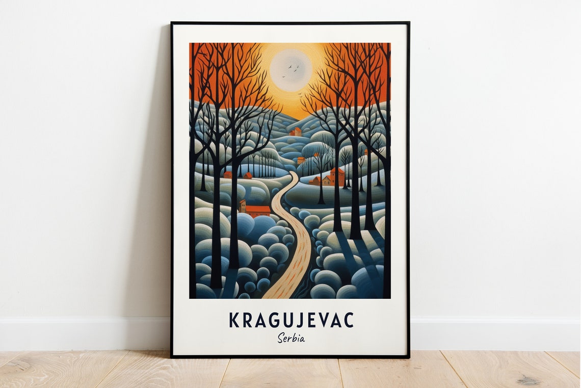 Kragujevac Serbia Snowy Forest Road Winter Sunset Scene Poster