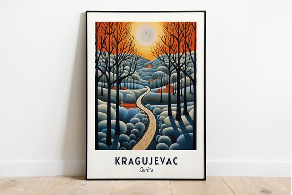 Kragujevac Serbia Snowy Forest Road Winter Sunset Scene Poster