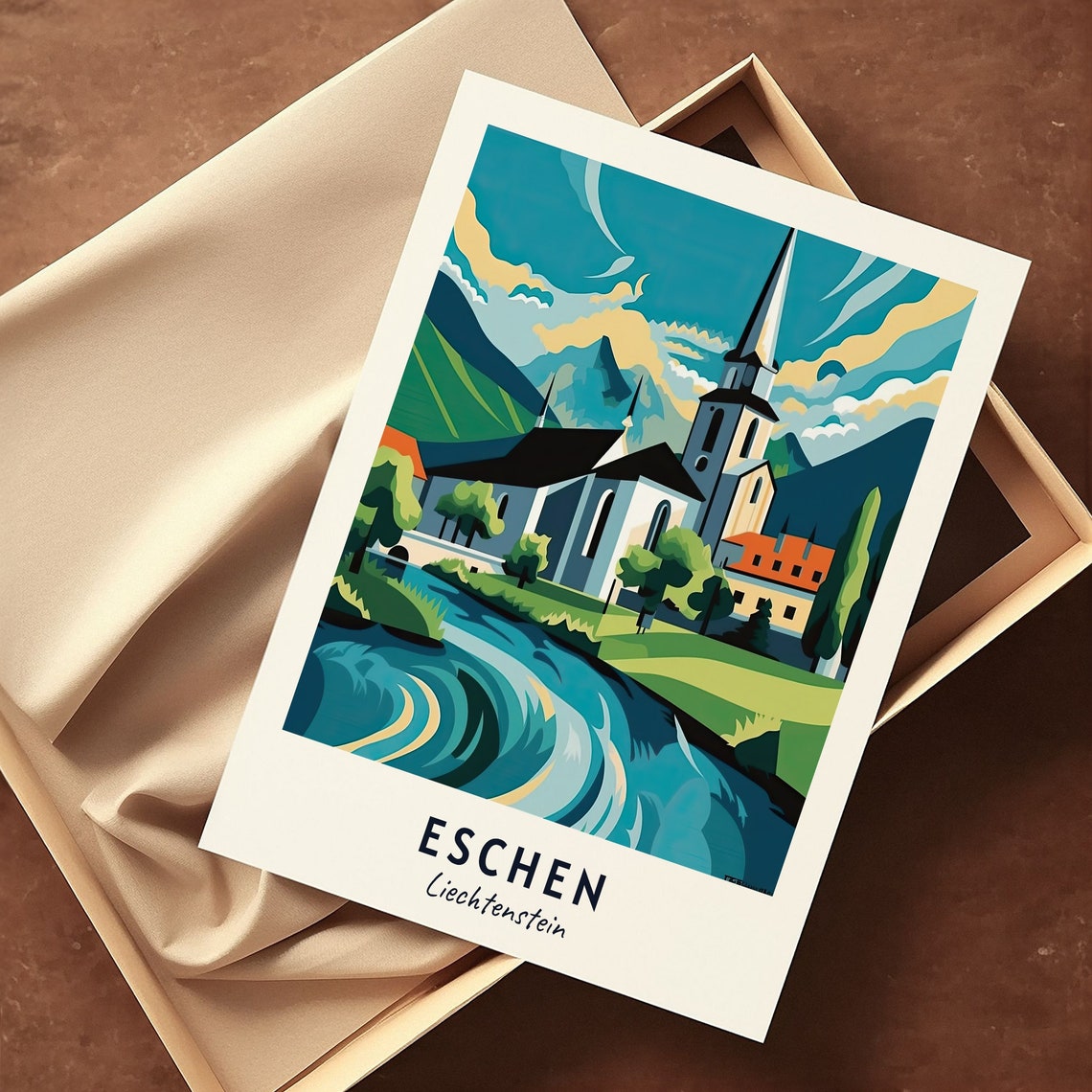 St Martins Church Riverside View Eschen Liechtenstein Travel Poster - Image 3