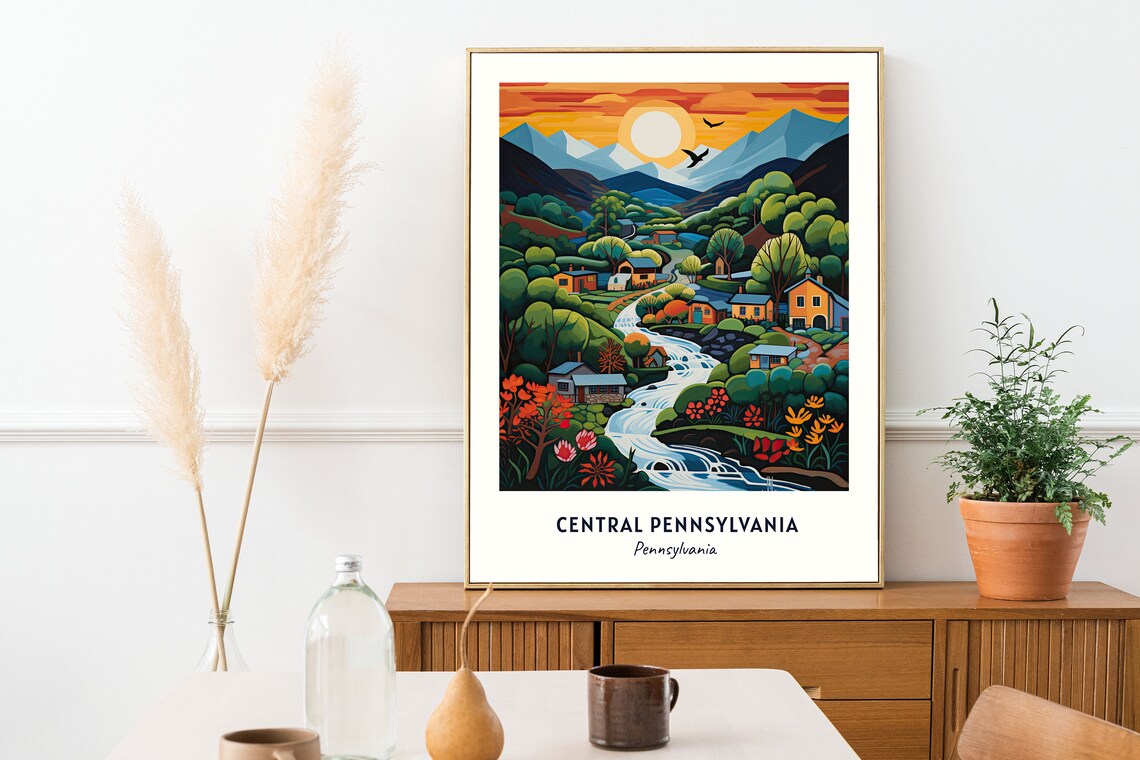 Central Pennsylvania Rolling Valley Village Sunset Scene Artwork Poster - Image 2