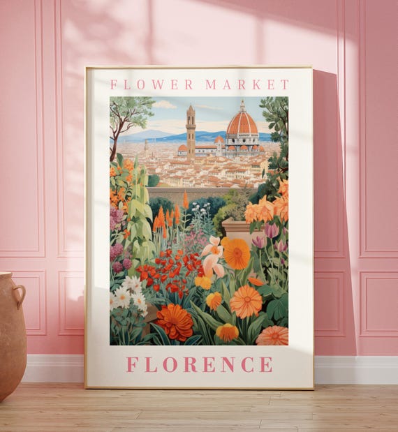 Florence Flower Market Travel Poster, Botanical Illustration
