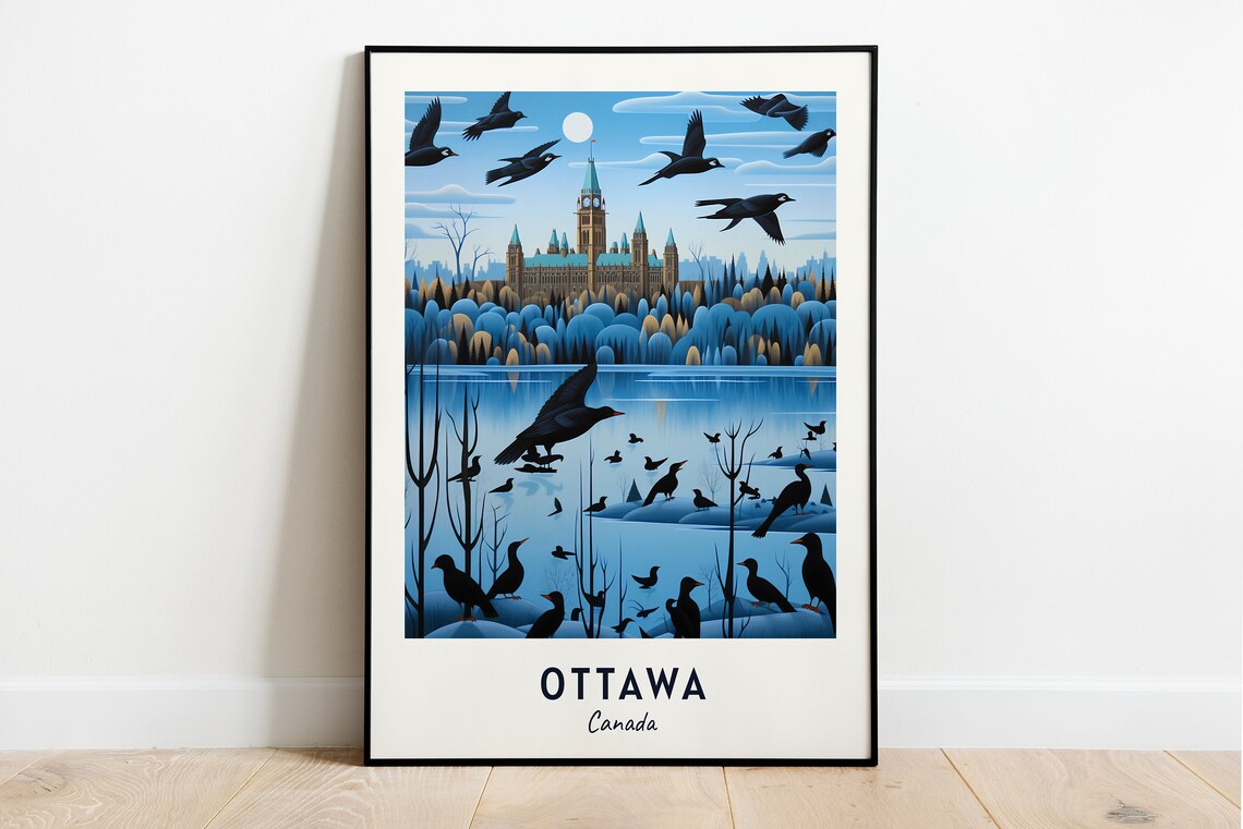 Ottawa Canada Parliament Hill Winter Birds Moon Travel Poster