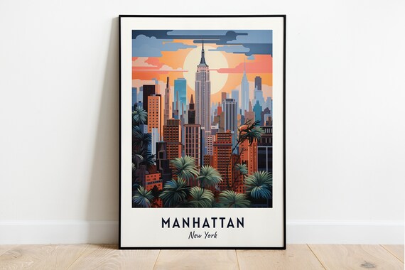 Manhattan New York Skyline Empire State Sunset Retro Travel Poster