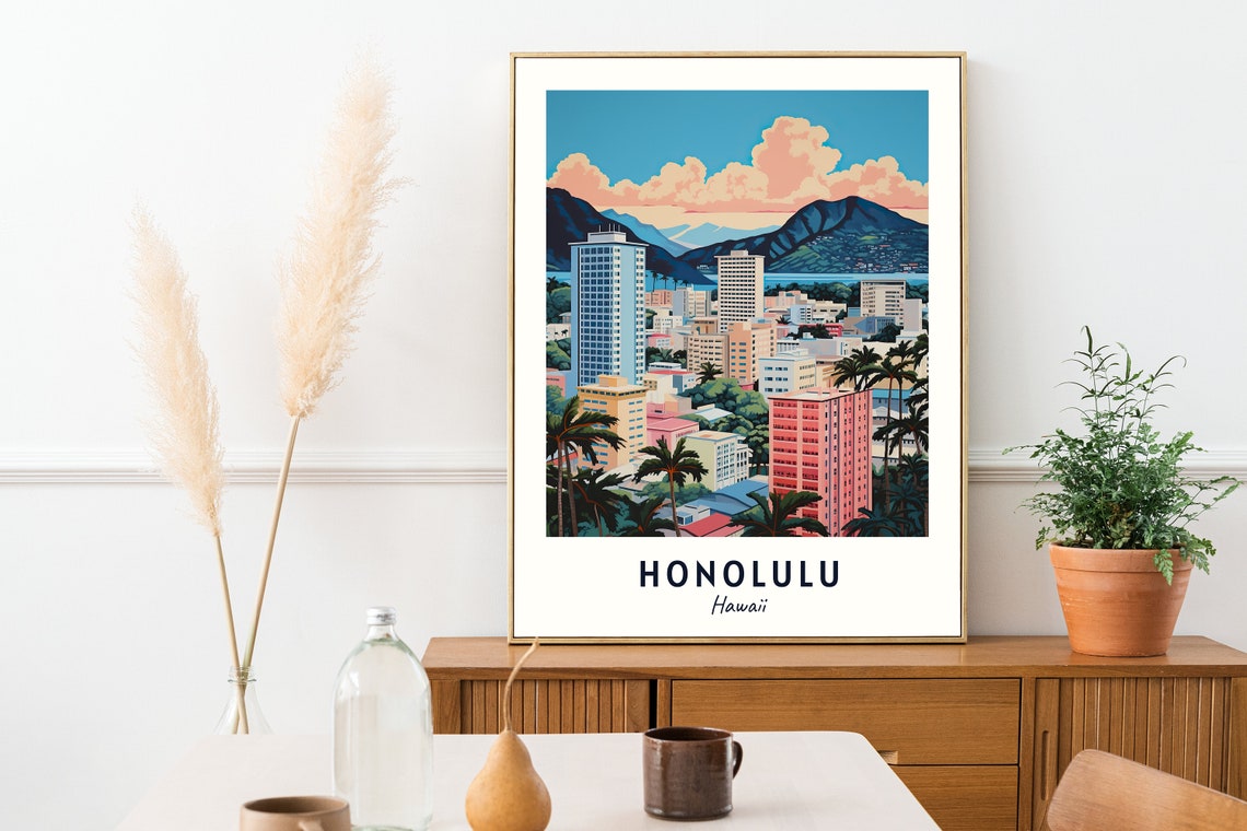 Honolulu City Skyline With Mountain Backdrop Hawaii Travel Poster - Image 2