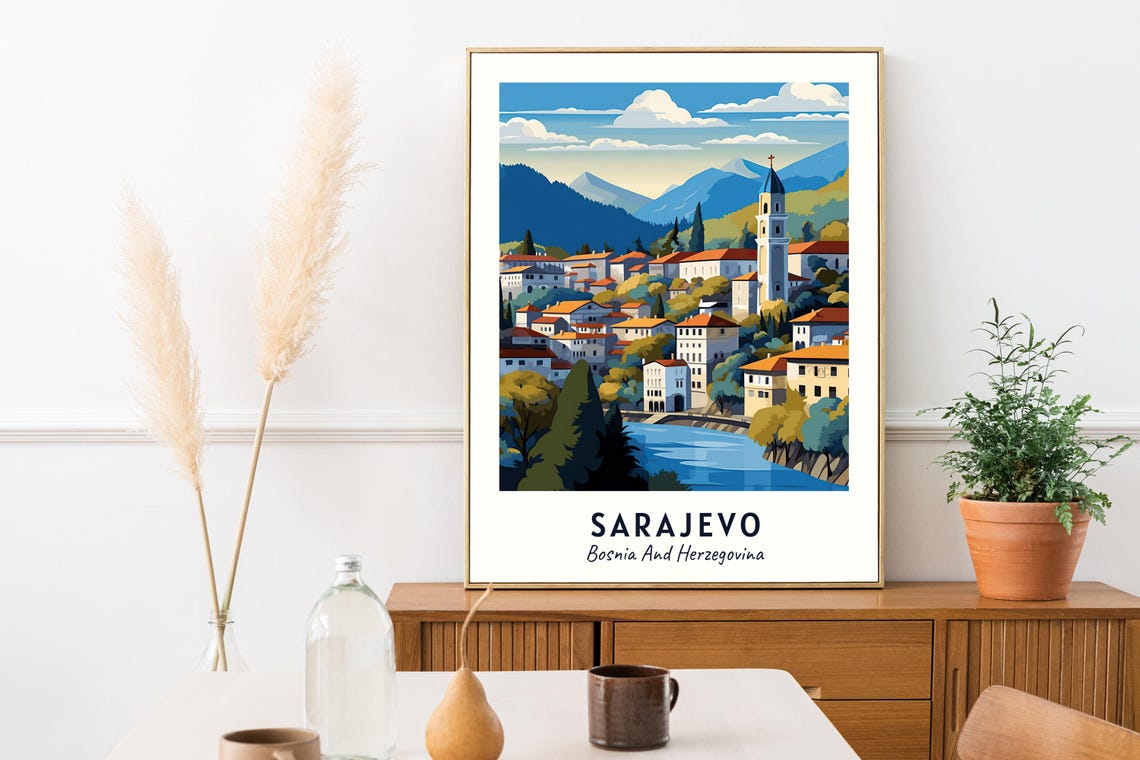 Sarajevo Bosnia Herzegovina Riverside Hillside Town Travel Poster - Image 2