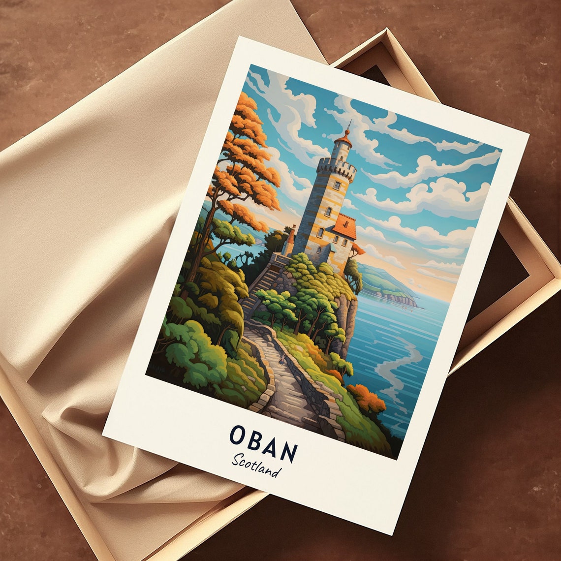 Oban Scotland Lighthouse Rocky Cliff Coastline Art Travel Poster - Image 3
