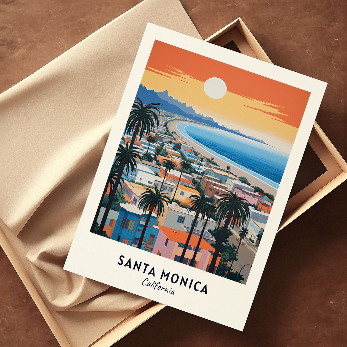 Santa Monica California Sunset Beach Curve Palm Coast View Poster - Image 3