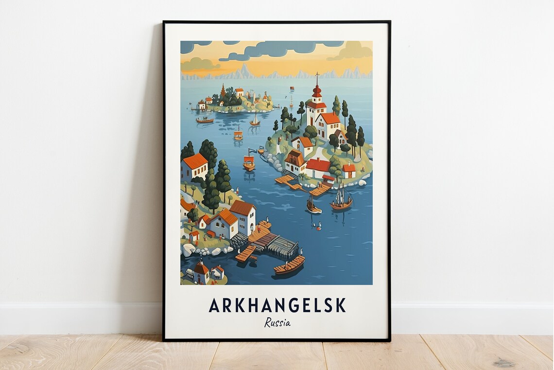 Arkhangelsk Russia Island Village Boats Harbor Travel Poster
