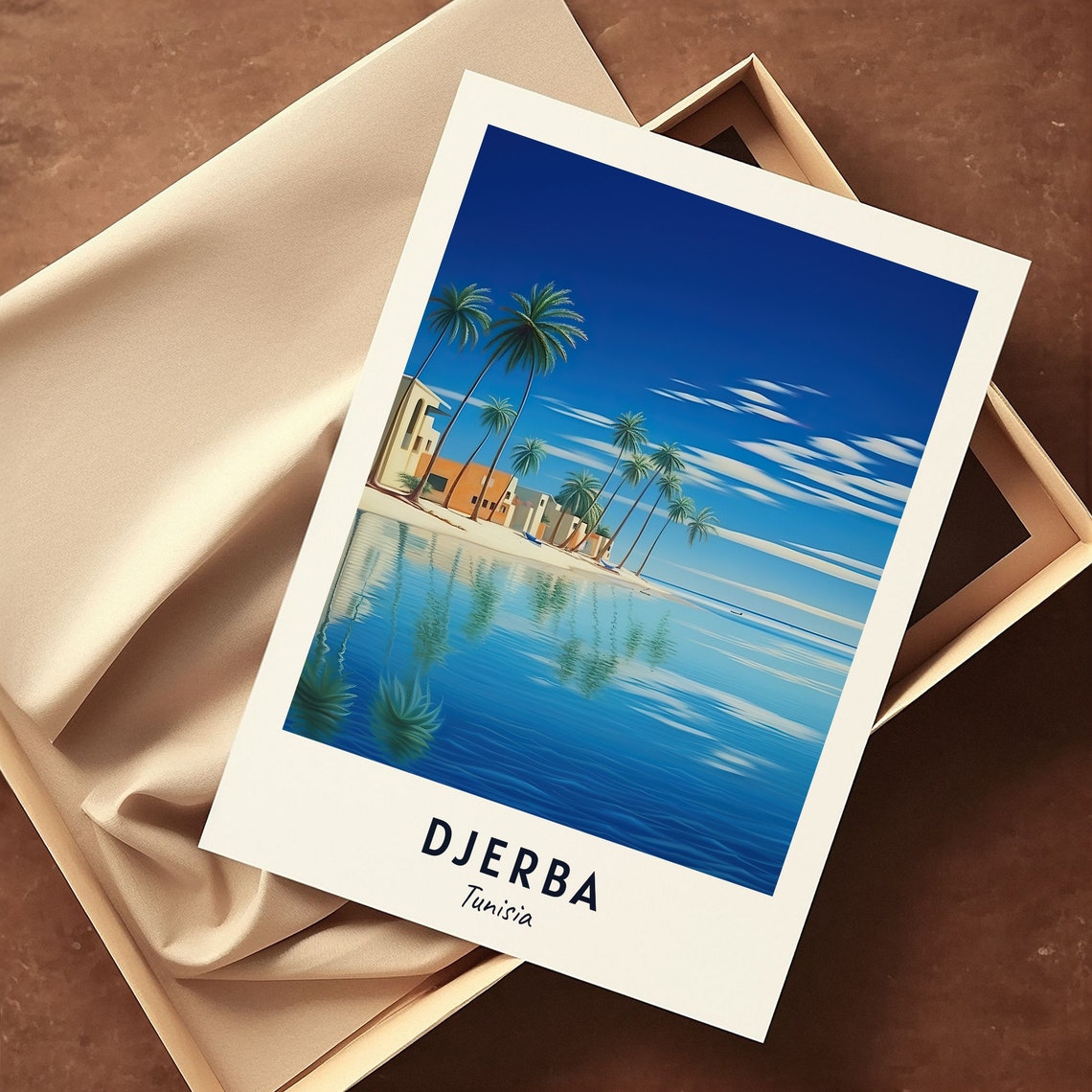 Djerba Tunisia Palm Beach Calm Blue Lagoon Reflection Travel Poster - Image 2