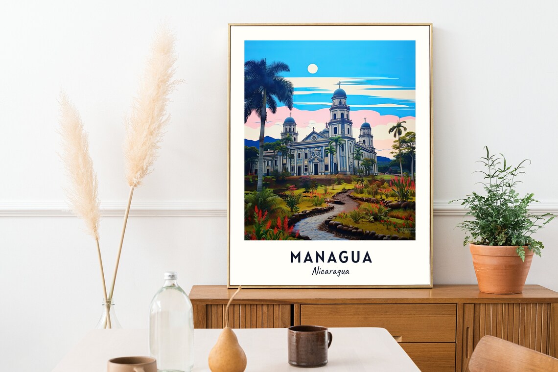 Managua Nicaragua Cathedral Palms Tropical Plaza Travel Poster - Image 2