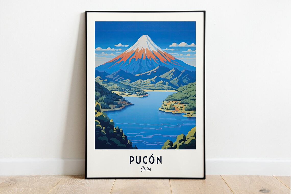 Pucón Chile Snow Capped Villarrica Volcano Over Blue Lake Poster