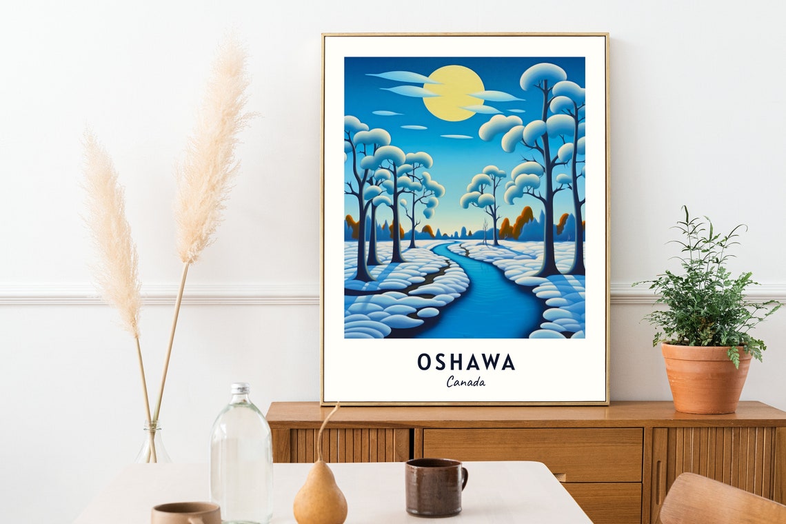 Oshawa Canada Moonlit Snowy Forest Stream Winter Art Travel Poster - Image 2