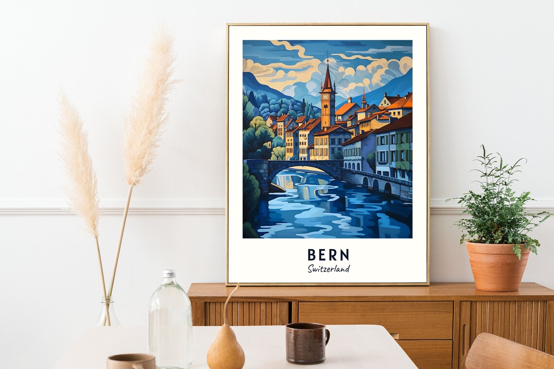 Bern Switzerland Old Town River Bridge View Art Travel Poster - Image 2