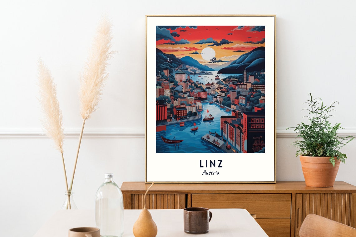 Sunset Harbor Cityscape on the Danube River Linz Austria Poster - Image 2