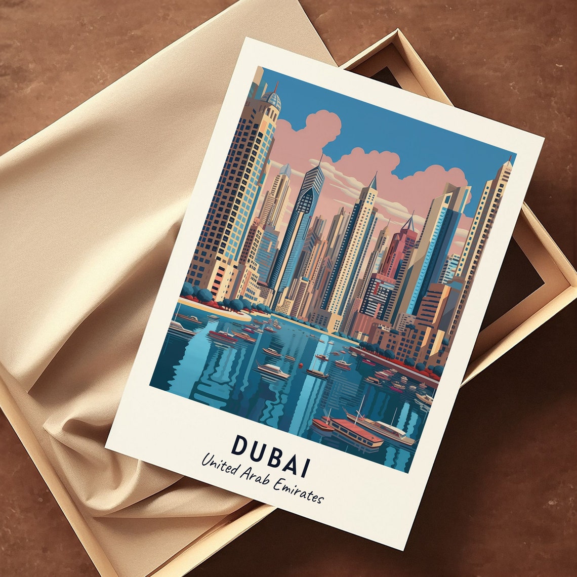 Dubai Marina Skyline Sunset Yachts Harbor Evening Travel Poster - Image 3