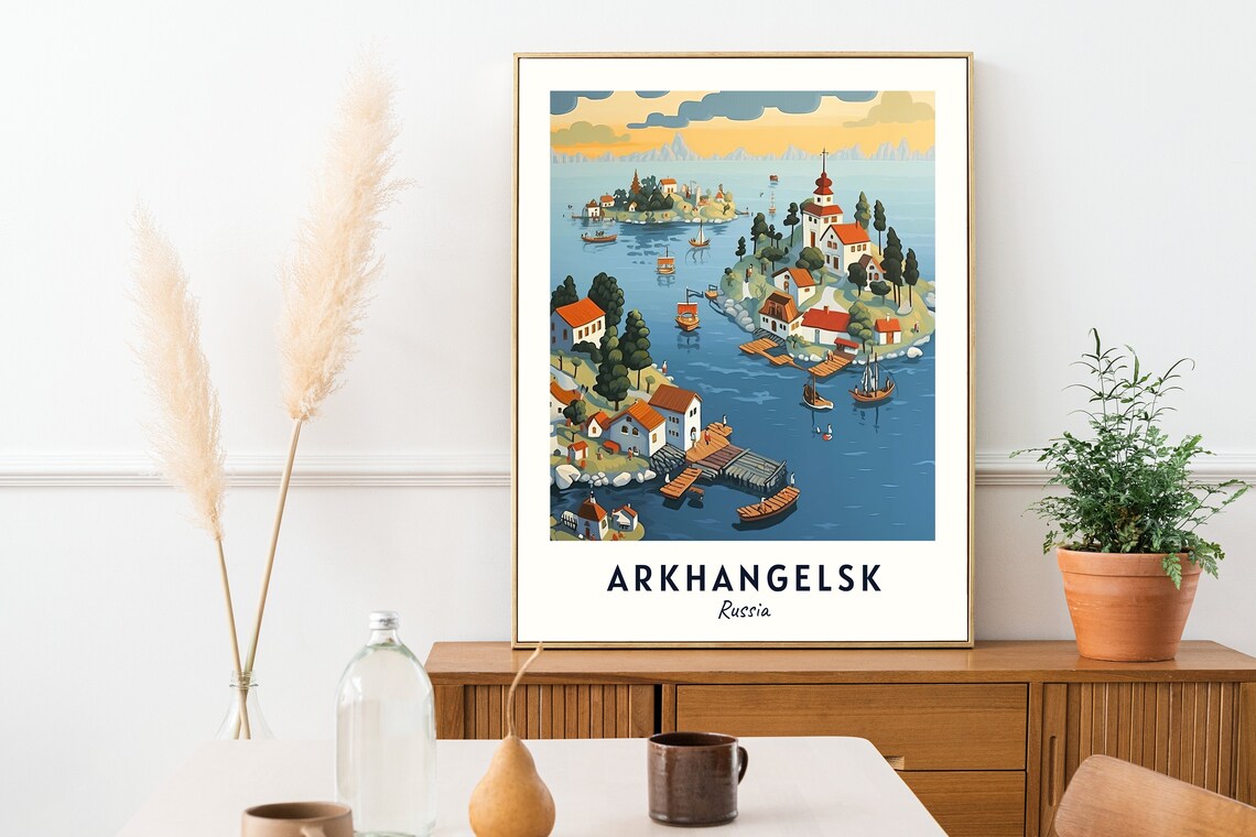 Arkhangelsk Russia Island Village Boats Harbor Travel Poster - Image 2
