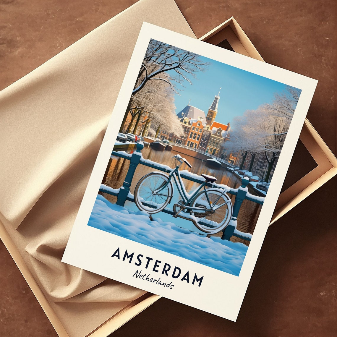 Amsterdam Netherlands Snowy Canal Bridge Vintage Bicycle Art Poster - Image 3