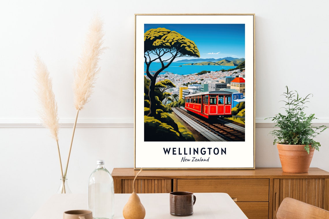 Wellington Cable Car Overlooking the Harbor New Zealand Travel Poster - Image 2