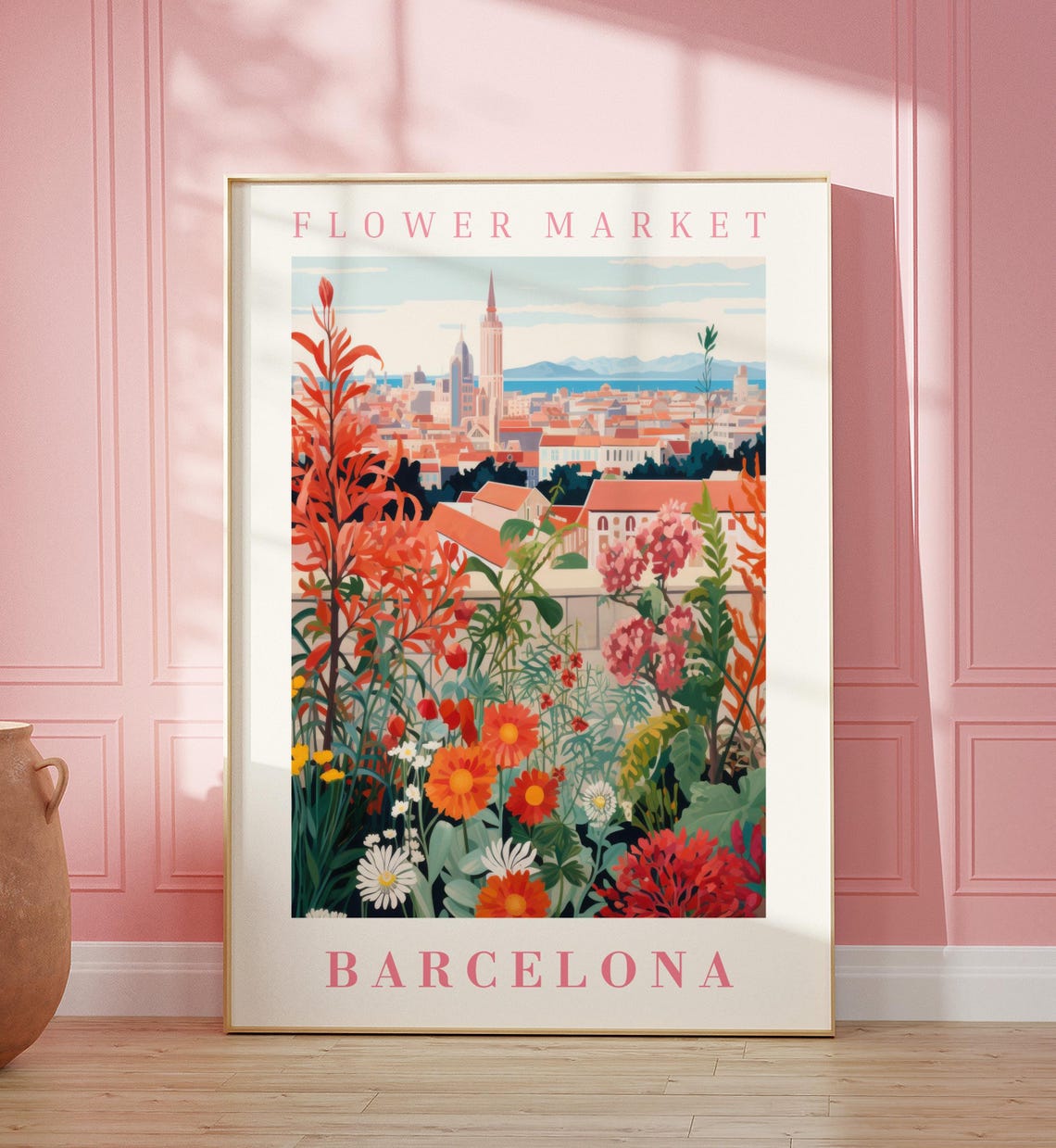 Barcelona Flower Market Seaside Bloom Spire View Travel Poster