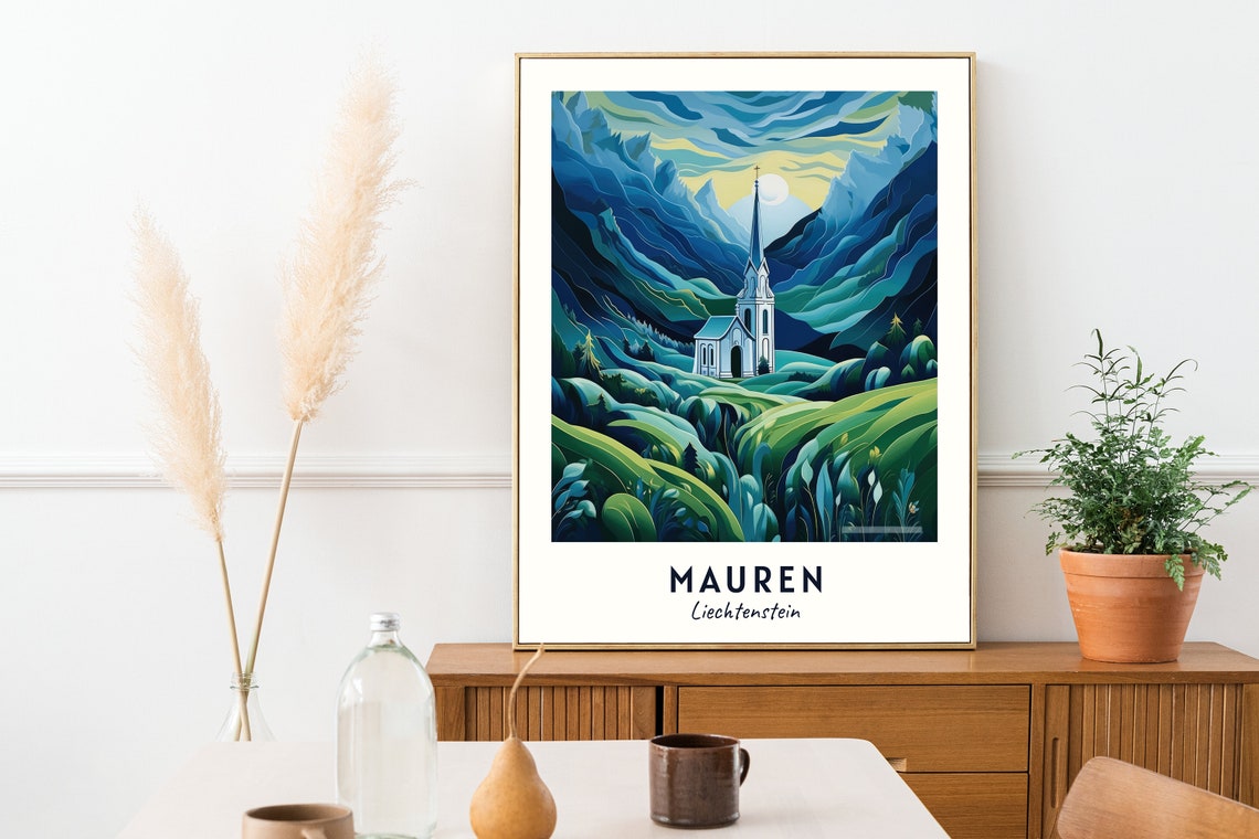 Mauren Liechtenstein Valley Church Under Dramatic Mountain Sky Poster - Image 2