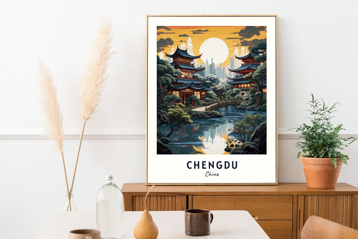 Chengdu China Pagoda Temple Gardens Night View Travel Poster - Image 2