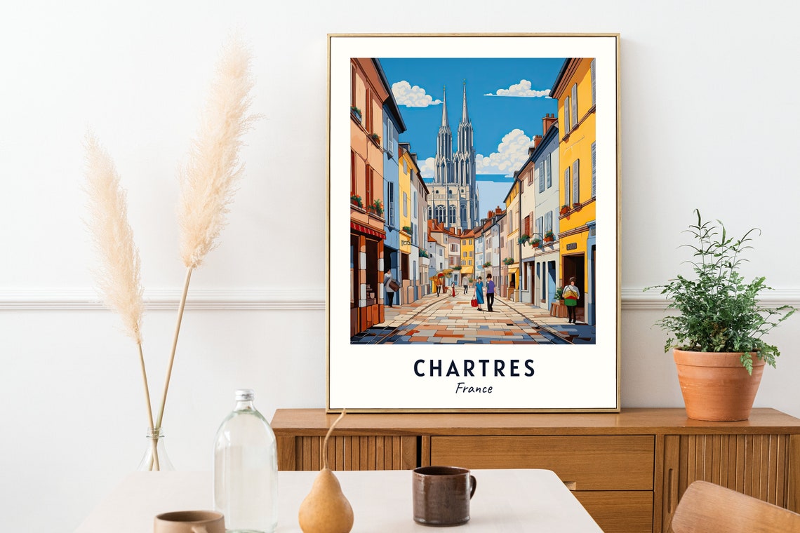 Chartres France Cathedral Cobblestone Street Sunny Day Poster - Image 2