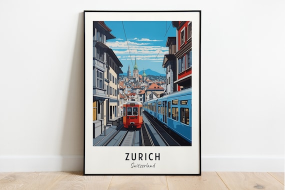 Zurich Switzerland Tram Street Old Town Scene Art Travel Poster