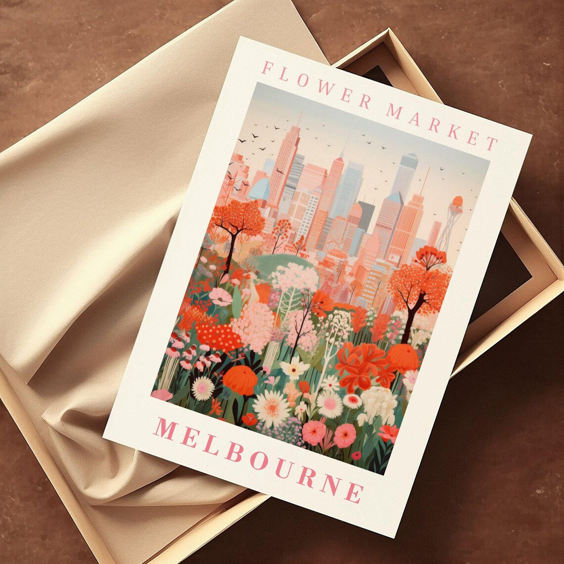 Melbourne Flower Market Skyline Birds in Flight Travel Poster - Image 2