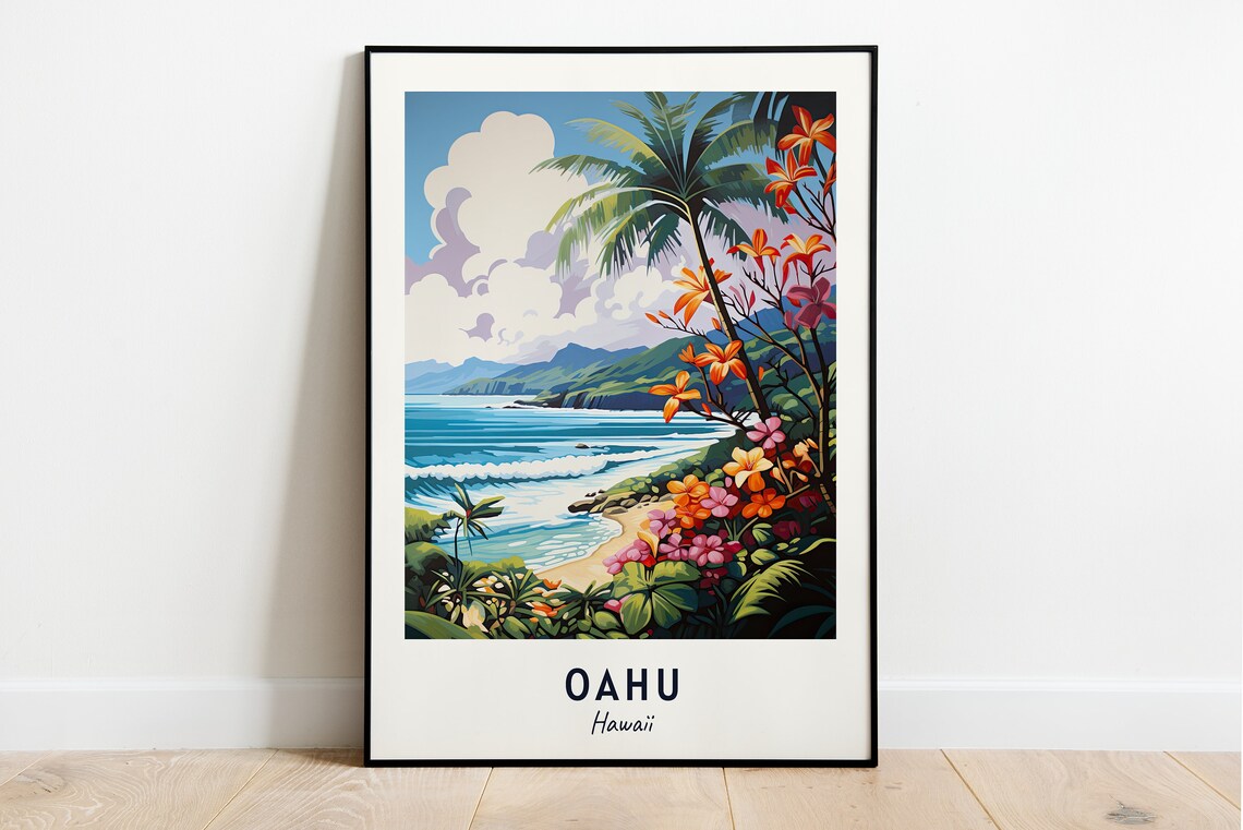 Oahu Hawaii Tropical Beach Palm Trees and Hibiscus Travel Poster
