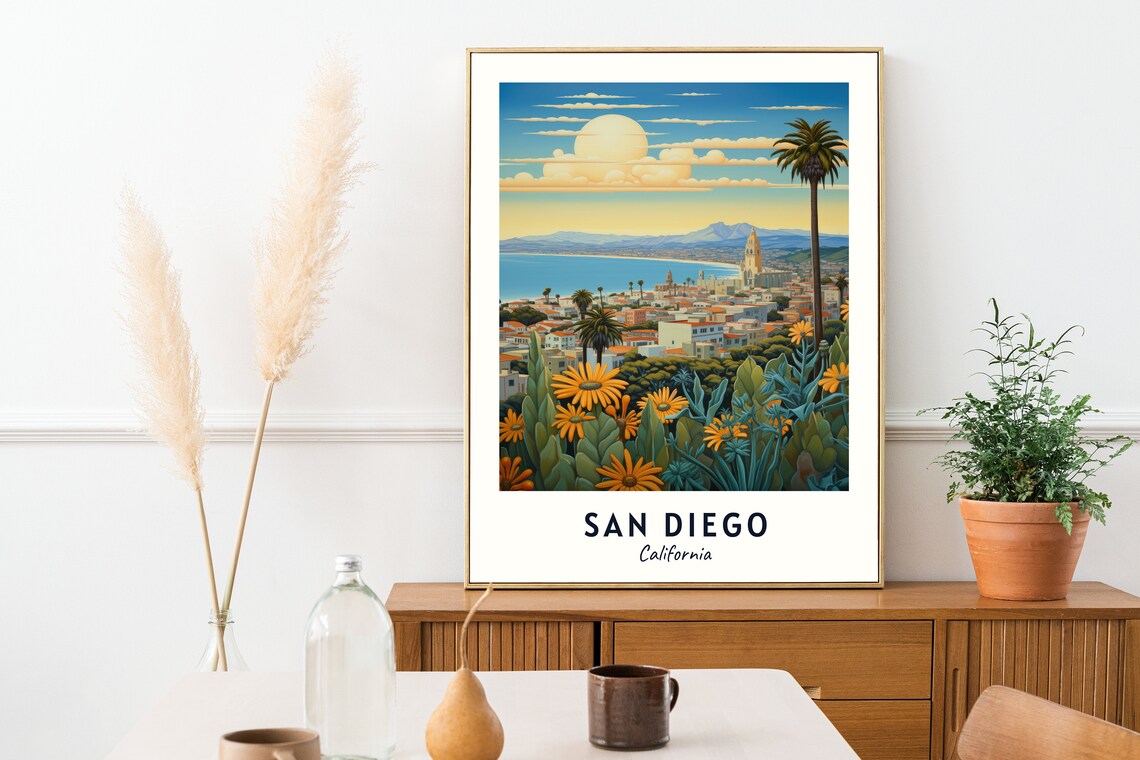 San Diego California Bay Vista Sunflowers Mission Bell Tower Travel Poster - Image 2